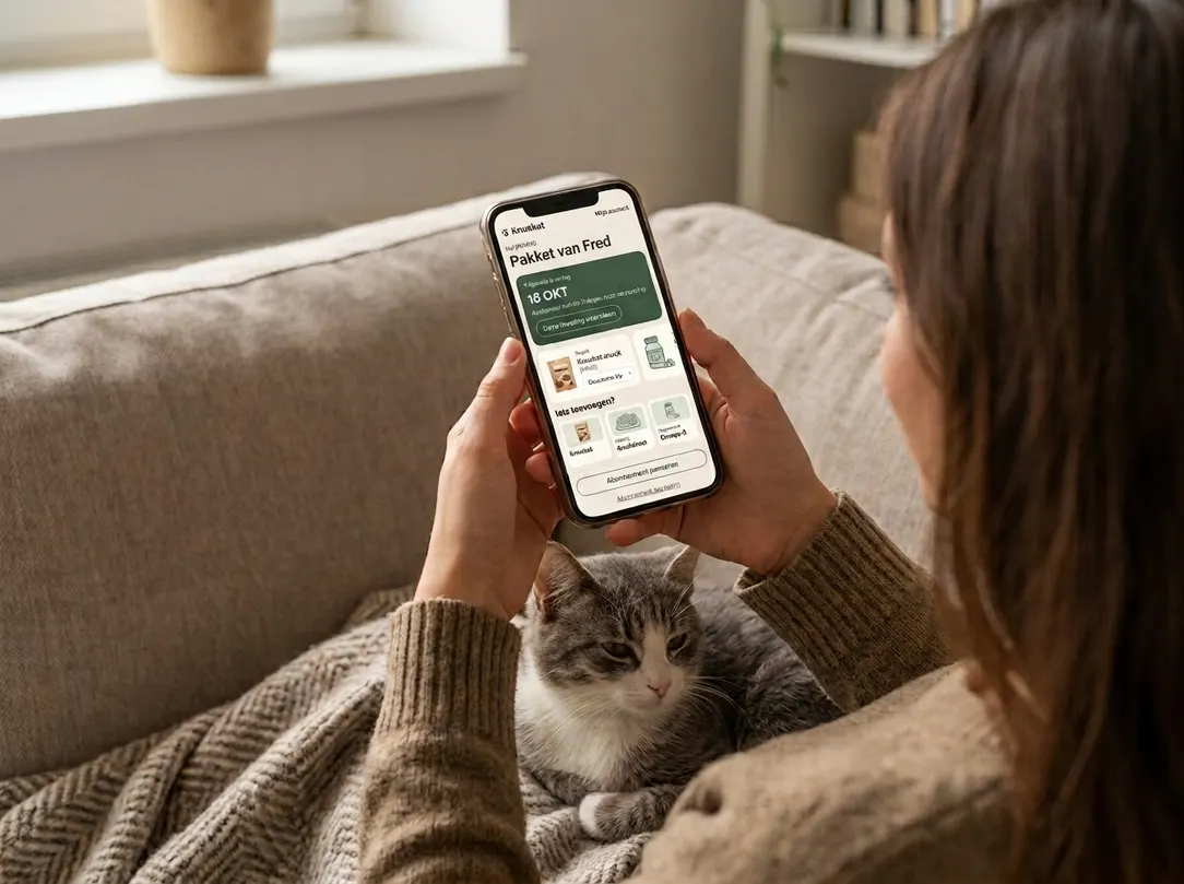 Iemand op de bank bekijkt het Knuskat-account op de telefoon, met de kat op schoot